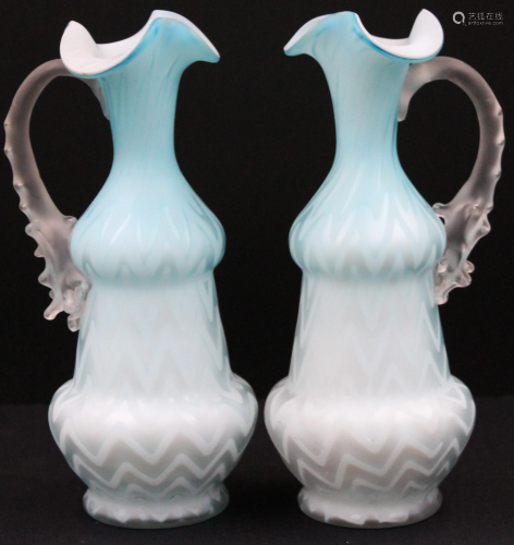 Pair Blue Satin Glass Mother of Pearl Ewers