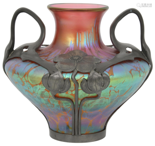 Loetz Pewter Mounted Iridescent Glass Vase