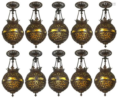 Set of 10 Oscar Bach/Steuben Hanging Lamps