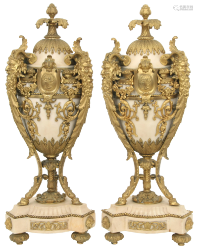 Pair of Louis XVI Style Gilt Bronze & Marble Urns