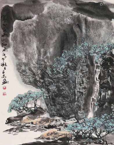 许占志（b.1940） 庚午（1990年）作  塞外春雨 立轴 设色纸本