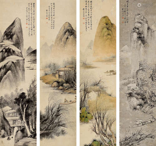 杨柳谷（清） 丁卯（1927年）作  山水 立轴四屏 设色纸本