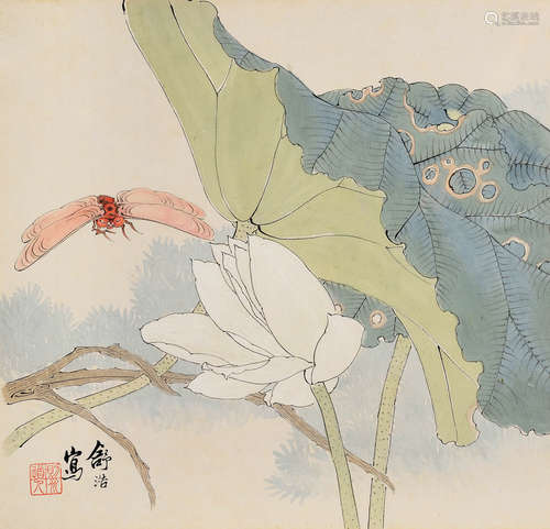 舒浩（1841～1901） 荷花蜻蜓 镜框 设色纸本