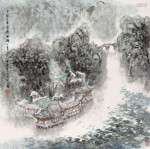 华士清（b.1942） 丁卯（1987年）作  西湖 立轴 设色纸本