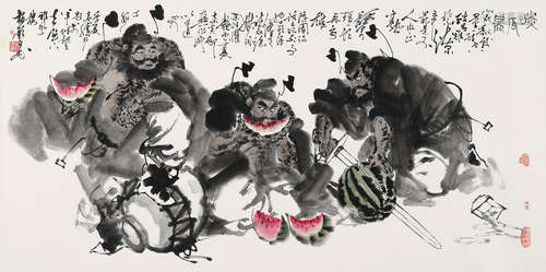 单柏钦（b.1936） 丁卯（1987年）作  啖瓜图 镜心 设色纸本