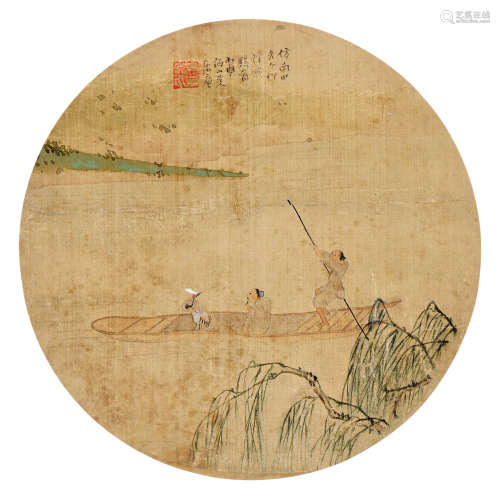 居廉（1828～1904） 丙申（1896年）作  柳溪载鹤图 团扇面 设色绢本