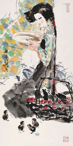 林墉（b.1942） 辛未（1991年）作  仕女小鸡 立轴 设色纸本