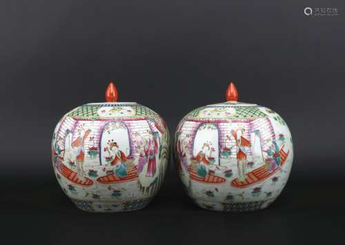 A pair of Tong zhi cai 'figure' jar