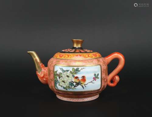 A enamel 'floral and birds' teapot