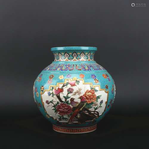 A enamel 'floral and birds' jar and cover
