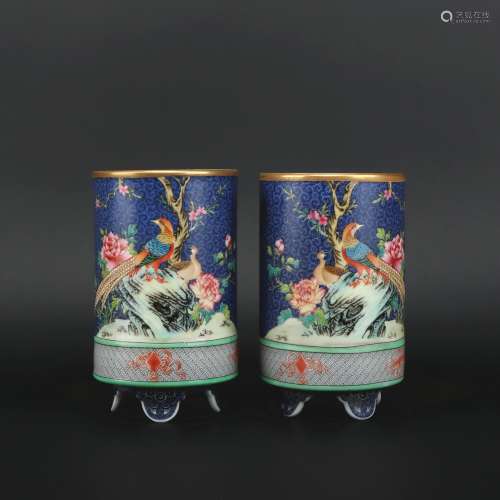A pair of enamel 'floral and birds' pen container
