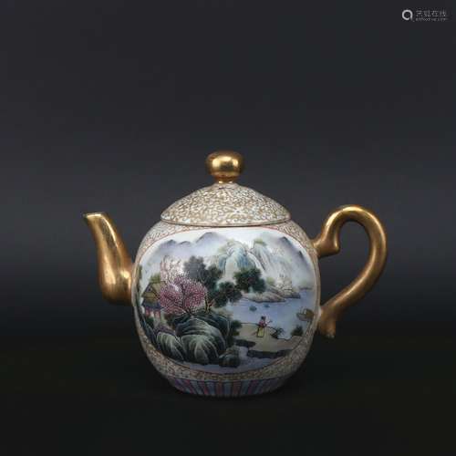 A enamel 'landscape' teapot