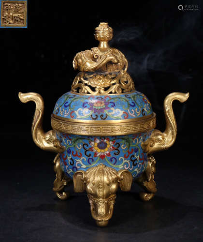 CLOISONNE & GILT BRONZE CAST ELEPHANT PATTERN CENSER