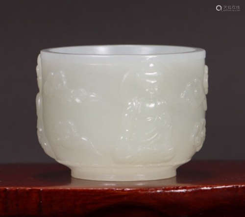 HETIAN JADE CARVED BUDDHA PATTERN CUP