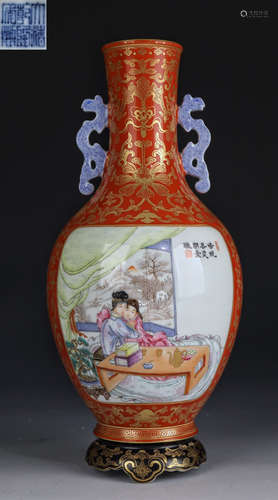 ALUM RED GLAZE EIGHT IMMORTALS STORY VASE