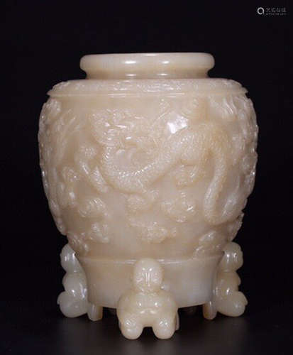 HETIAN JADE CARVED DRAGON PATTERN JAR