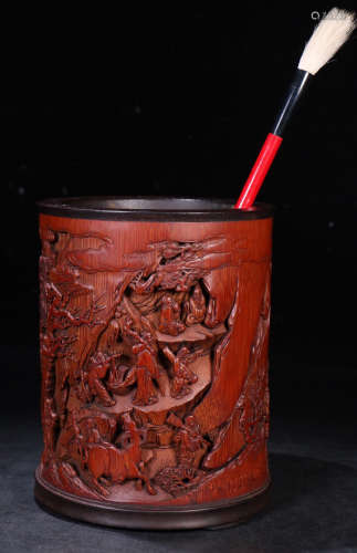 BAMBOO CARVED STORY PATTERN BRUSH POT