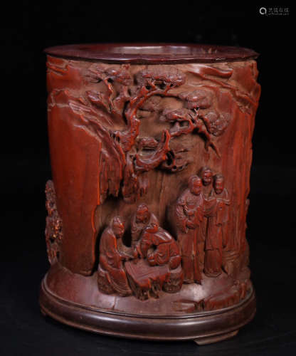 HUANGYANG WOOD CARVED STORY PATTERN BRUSH POT