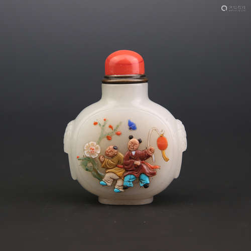 A White Jade with Multi Stone Inlay Snuff Bottle