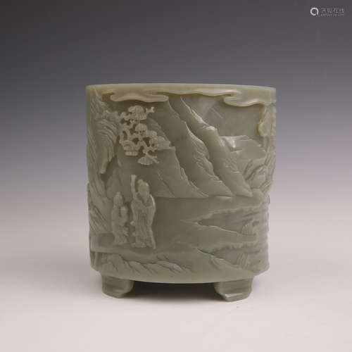 Jade Carved Farmer Brush Pot