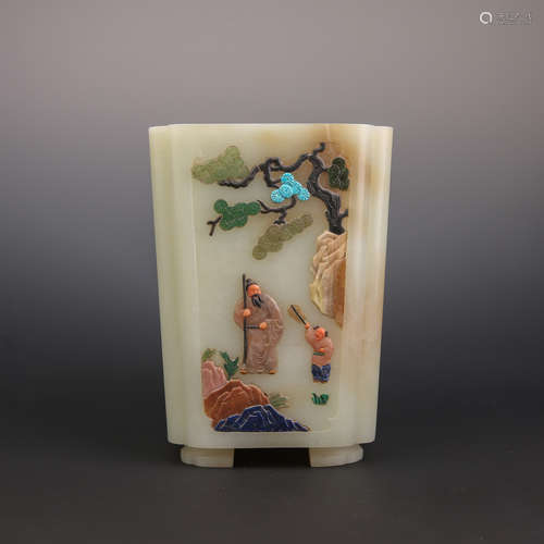 A White Jade with Multi Stone Inlay Character Brush Pot