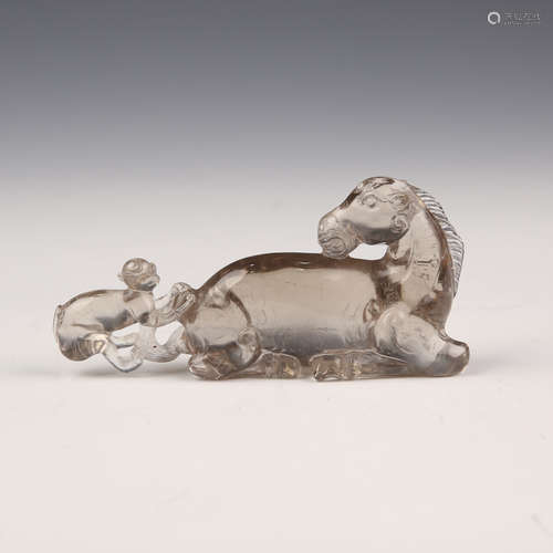 A Clear Crystal Carved Horse with Monkey Pen Holder