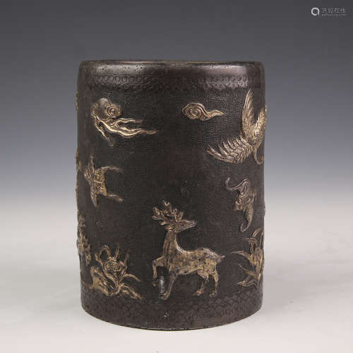 Gilt Silver Metal Crane Brush Pot