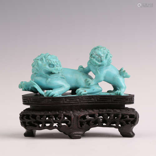 Blue Turquoise Carved Double Lion Ornament