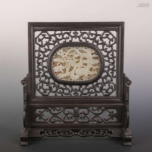 A Jade Hollow Carved Dragon Wood Table Plaque