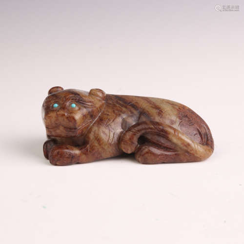 A Jade Carved Tiger with Turquoise Eyes Ornament