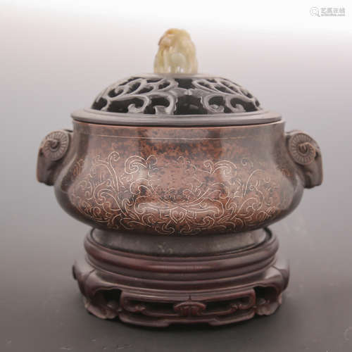 Silver Inlaid Copper incense Burner with Double Ram Ear