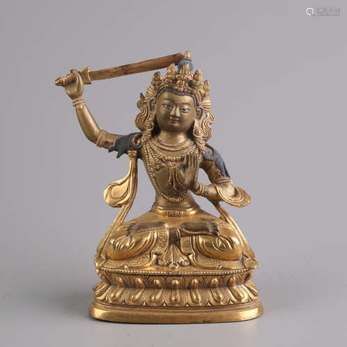 A Gilt Bronze Manjushri Figure Statue