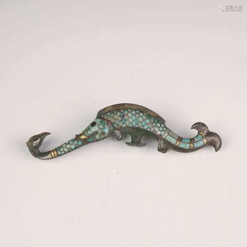 A Bronze Fish with Inlaid Turquoise Hook