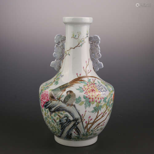 A Famille Rose Bird Double Ear Porcelain Vase