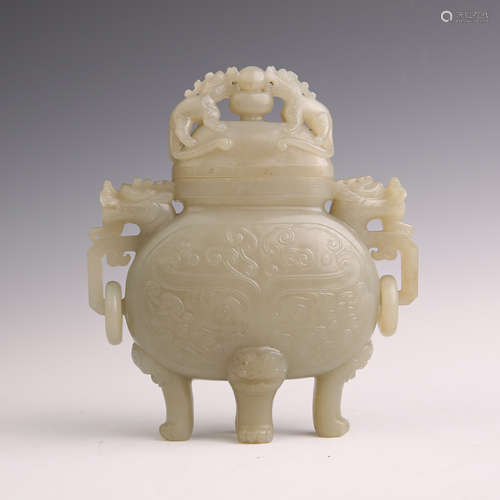 A White Jade Double Ear with Beast Pattern Vase