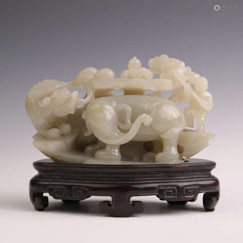 A White Jade Child Washing Elephant Figure Ornament