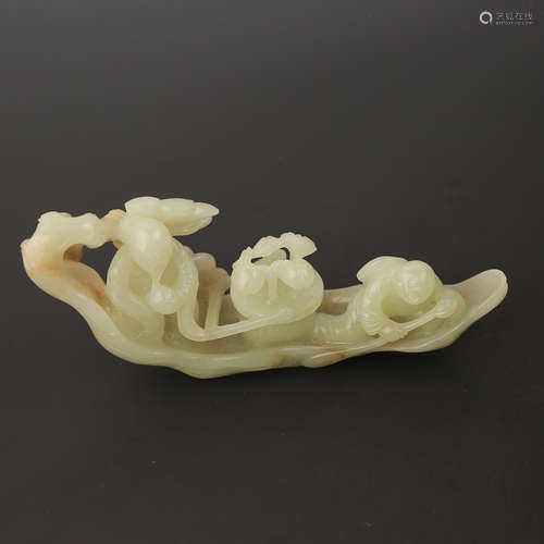 A Yello Jade Carved Children with Boat Ornament