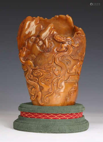 TIANHUANG STONE BRUSH POT CARVED WITH BEAST