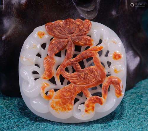 HETIAN JADE PENDANT HOLLOW CARVED WITH CRANE&LOTUS