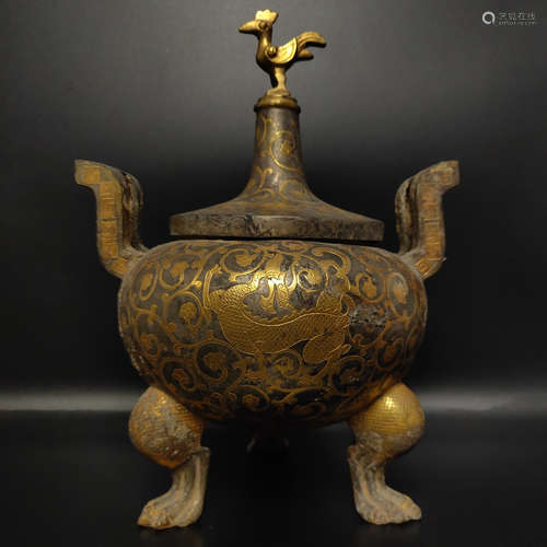 COPPER CENSER CARVED WITH FLOWER&BIRD