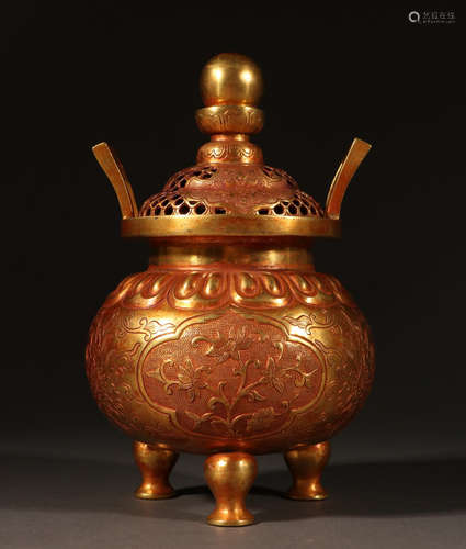 GILT BRONZE CENSER CARVED WITH FLOWER