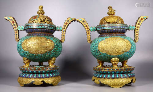 PAIR OF GILT BRONZE CENSER EMBEDDED WITH GEM