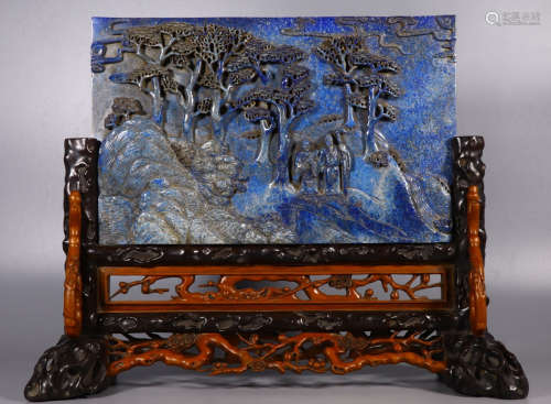 LAZULI SCREEN CARVED WITH LANDSCAPE