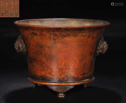 XUANDENIANZHI MARK COPPER CENSER WITH BEAST EARS