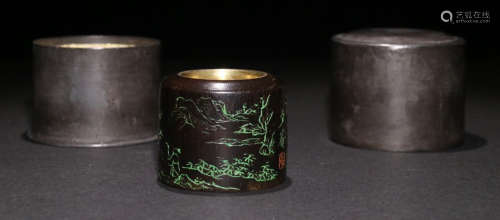 CHENXIANG WOOD RING CARVED WITH LANDSCAPE&POETRY