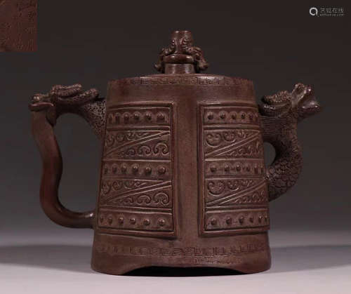 WUWENLONG MARK ZISHA TEA POT CARVED WITH DRAGON