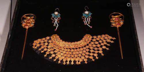 GILT SILVER HAIRPIN&NECKLACE&EARRING