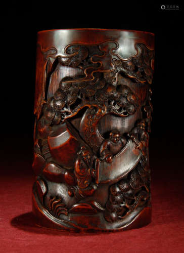 BAMBOO BRUSH POT CARVED WITH STORY