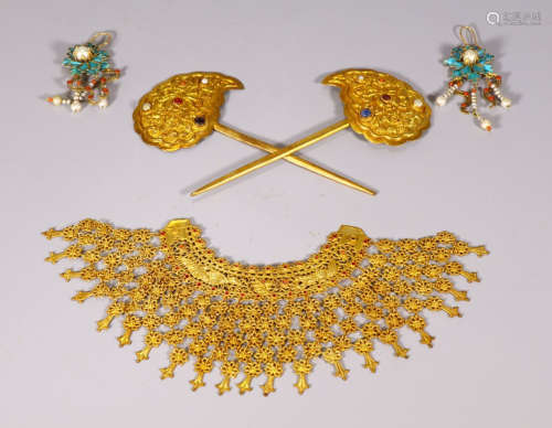 SET OF GILT SILVER HAIRPIN&NECKLACE&EARRING