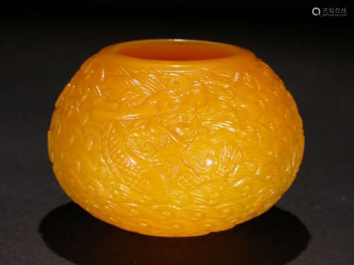 YELLOW GLASS BRUSH WASHER CARVED WITH DRAGON